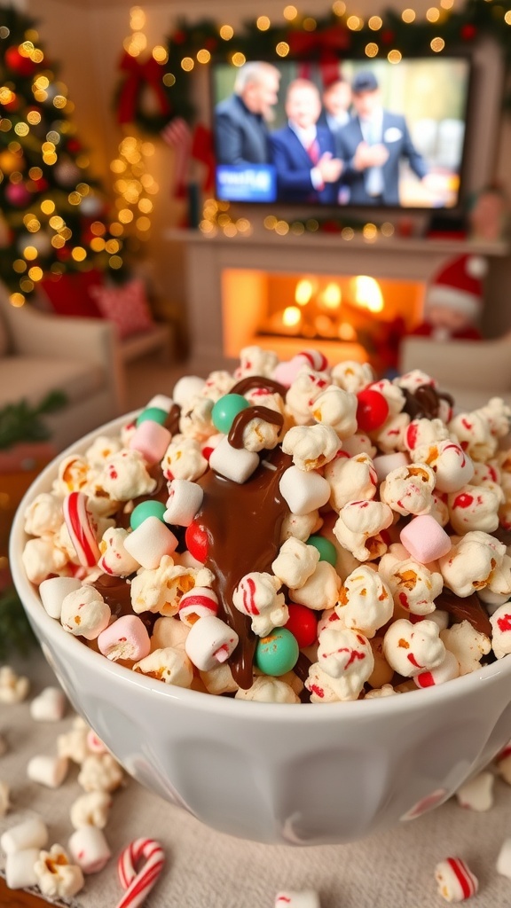 Christmas Movie Background Recipe A bowl of chocolate-covered popcorn with candy canes and marshmallows in a cozy Christmas setting.